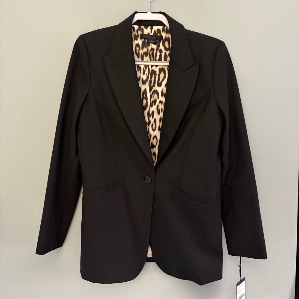 Worth Worth New York Black Tailored Blazer Leopard Lining Wool Blend NWT 14